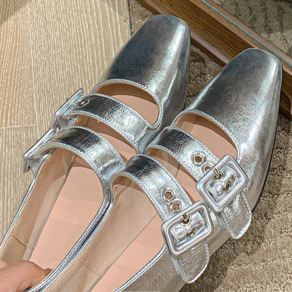 Genuine Leather Double Metal Buckle Slipon Mary Jane Flats Sqaure Toe Female Soft Comfortable Ballerinas Shoes