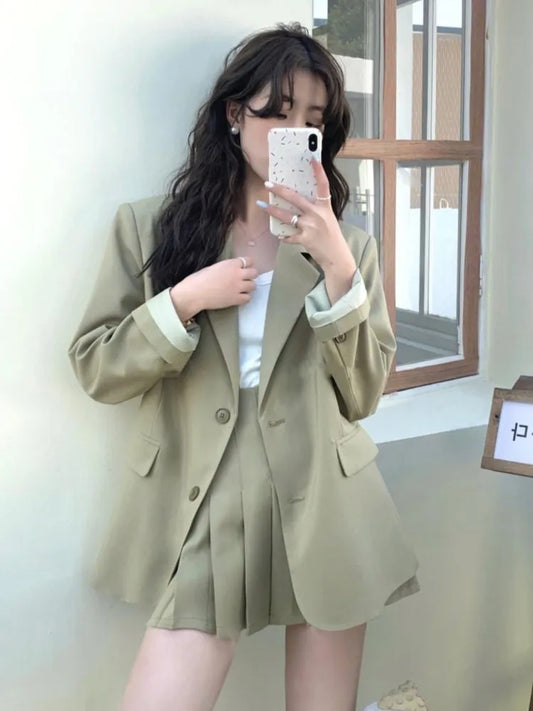 Korean Two-piece Skirt Set Single Breasted Blazer Coat + Pleated Mini Skirt Autumn Office Lady Suits