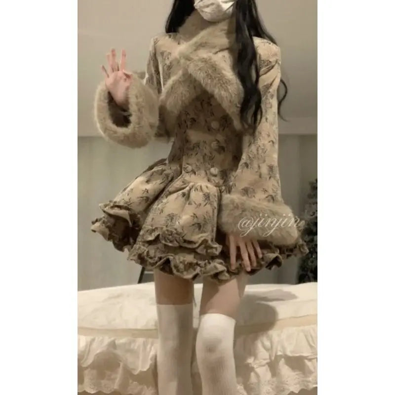 French Printed Waist Cinching Puffy Strap Camisole Dress Ruffle Plush Patchwork Short Coat Two Piece Sets Outfits