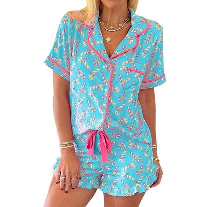 Christmas Pajamas Bow Candy Cane Print Pj Set Short Sleeve Button Down Xmas Knotted Shorts Pjs 2 Piece Set Sleepwear