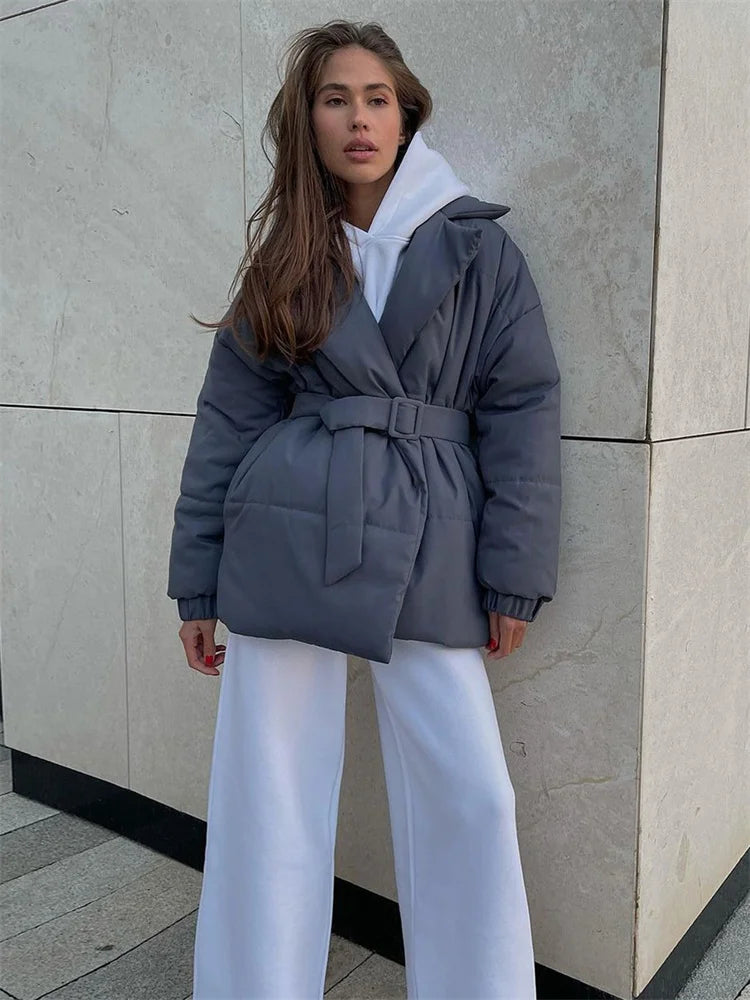 Winter Lace-up Pocket Parkas Outwear Female V-neck Loose Long Sleeve High Waist Bandage Coat Outwear
