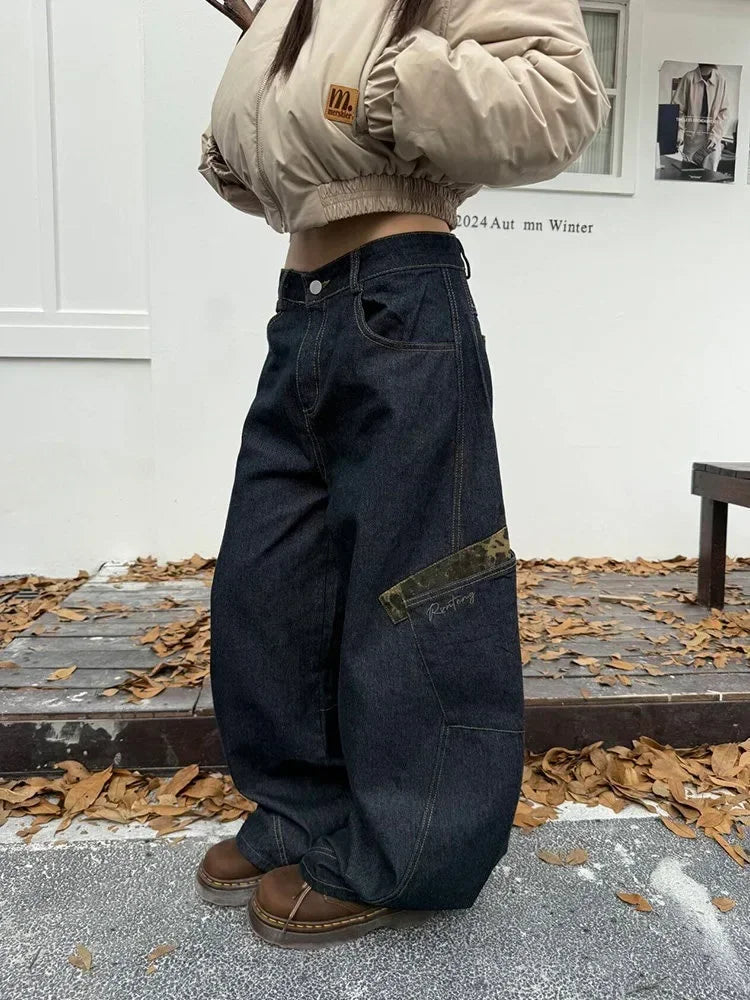 Retro Leopard Spliced Cargo Jeans Y2k Hip Hop Causal Baggy Pocket Korean Wide Leg Denim Pants Harajuku Slacks