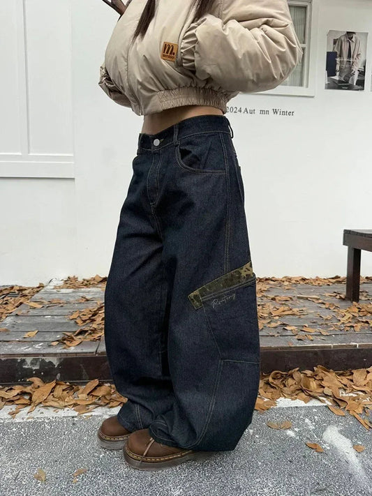 Retro Leopard Spliced Cargo Jeans Y2k Hip Hop Causal Baggy Pocket Korean Wide Leg Denim Pants Harajuku Slacks