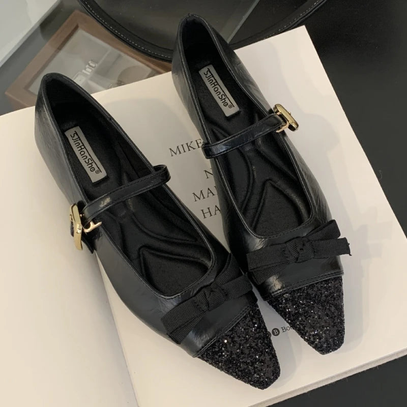 Bling Butterflyknot Mary Jane Shoes Flat Shoes Shallow Comfort Increased Internal Brand Dress Shoes