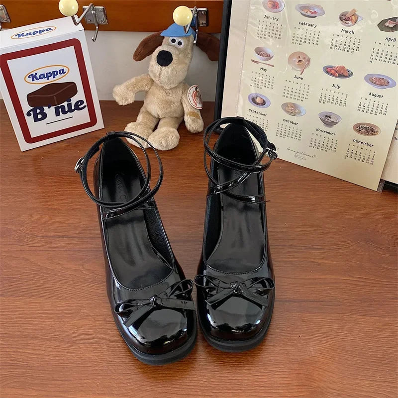 Red Mary Jane Pumps Thick High Heels Shoes Female Lolita Square Toe Shoes Spring Party Leather Woman Shoes New