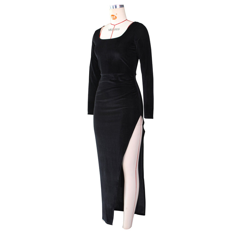 Velvet High Waist Slit Maxi Dress Long Sleeve Evening Party Dress