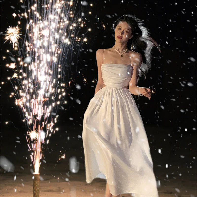 White Suspender Long Dresses for New Summer Hollow Out Expose Waist Clothes Beach Vacations Female Dress