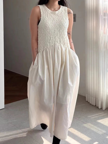 Long Dress Korean Summer Design Round Neck Pleated Texture Slim Fit Sleeveless Vest Vestidos