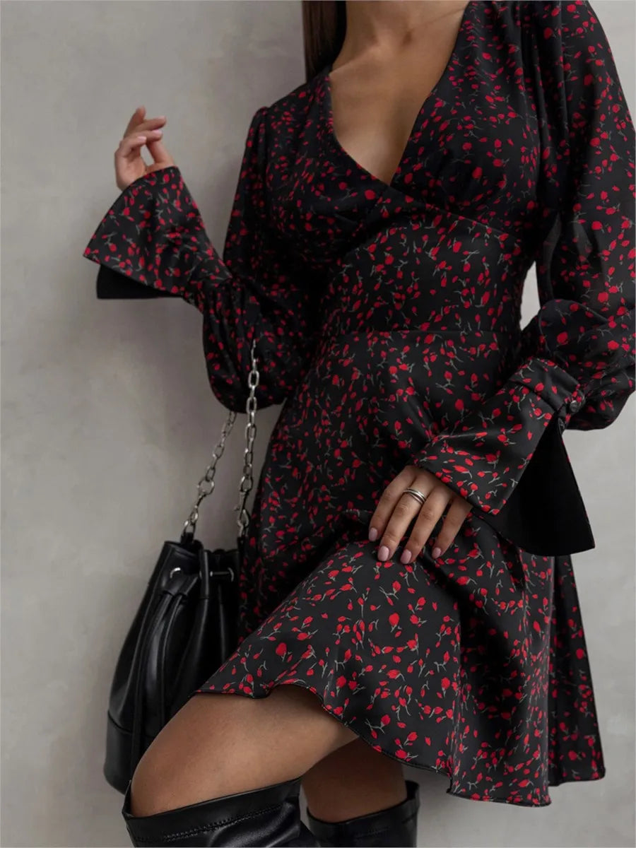 Printed Mini Dresses Deep V Neck Long Sleeve Waist Cinched Aline Vestidos Office Lady Dresses
