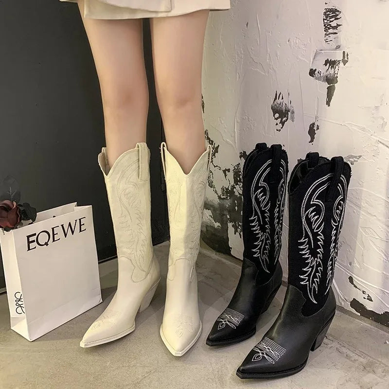 Winter New Western Cowboy Boots Pointed Toe High Heel Shoes Embroidery Chelsea Boots Zapatos Mujer