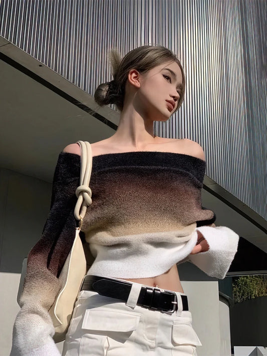 Gradient Off Shoulder Sweater Knitted Long Sleeve Cropped Pullover Autumn Female Top Knitwear