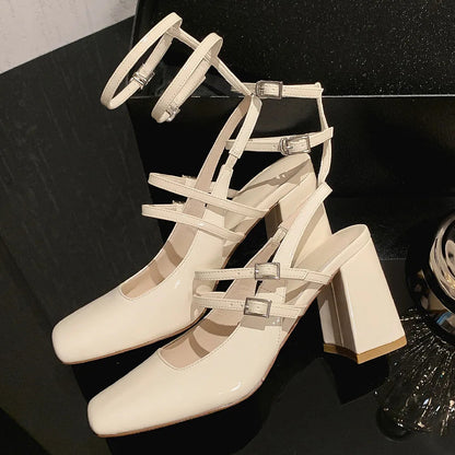 Genuine Leather Ankle Strap Sandals Square Toe 8cm Thick High Heel Summer Pumps Dress Shoes for Woman
