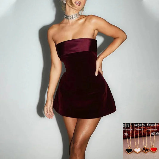 Off Shoulder Velvet Short Gown Dress a Line Christmas Spliced Strapless Mini Dresses High Waist Slim Club Robes