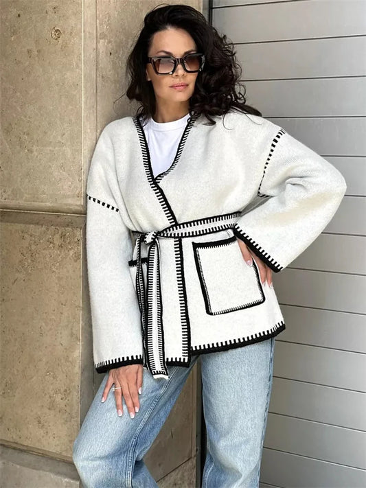 Knit Contrast Cardigan Sweater for Lace-up Pocket Long Sleeve Patchwork Loose Coat Autumn Knitwear ’s Outwear