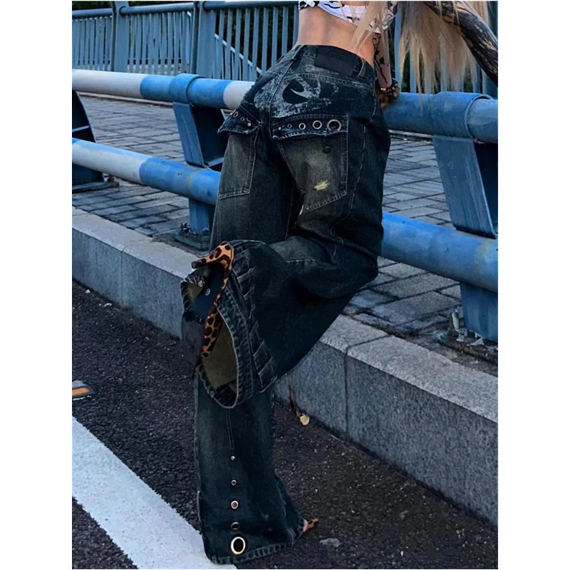 Blue High Waist Jeans Color Contrast American Wide Leg Jean Female Trouser Baggy Denim Pants
