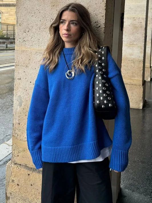 Knitted O-neck Sweaters Retro Reluctant Workaholic Pullover Sweater Female Autumn Simple Street Knitwear