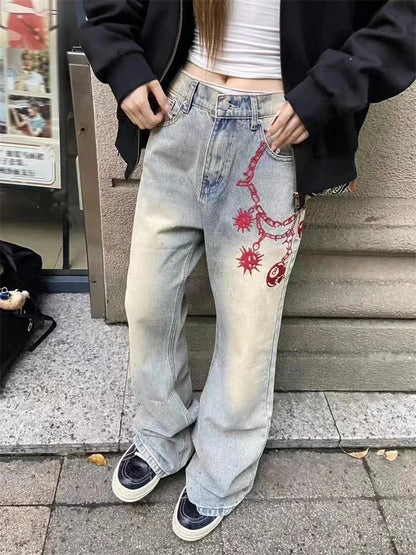 Red Meteor Hammer Wide Leg Jeans Cool Girl Bottoms Loose Denim Trousers Female High Waist Pants