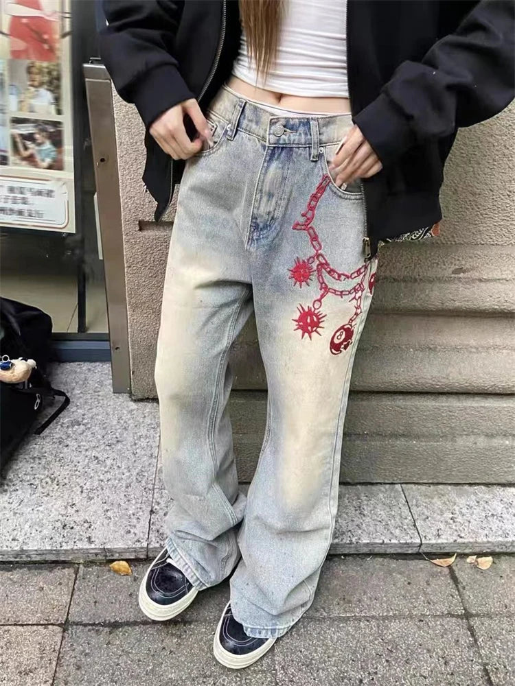 Red Meteor Hammer Wide Leg Jeans Cool Girl Bottoms Loose Denim Trousers Female High Waist Pants