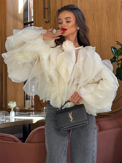 Patchwork Ruffled White Shirts for High Waist Long Sleeve Blouse Top