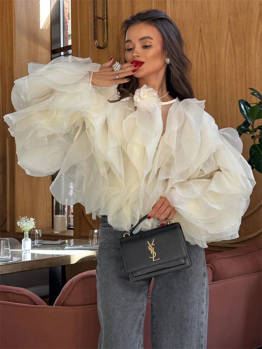 Patchwork Ruffled White Shirts for High Waist Long Sleeve Blouse Top