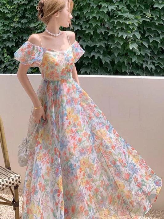 French Puff Sleeves Long Dress Summer Korean Cool and Breathable Bare Shoulder Vestidos Robe