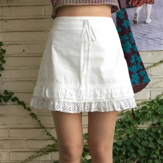Laceup Pleated Color Aline Skirt Summer New High Waist Lace Splicing Hollow Out Mini Skirt
