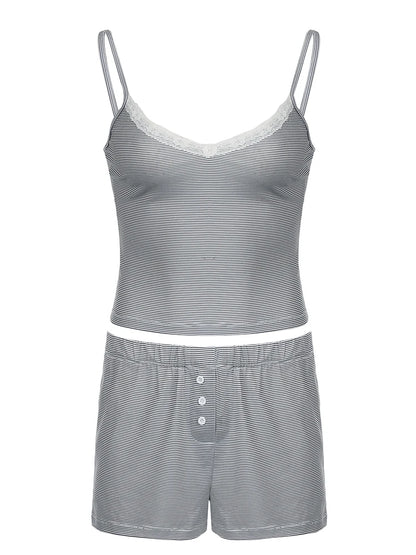 Contrast Lace Patchwork Slim Stripe Y2k 2 Pieces Shorts Sets Kawaii V Neck Camisole and Botton Shorts Set