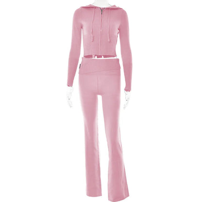 Knitted 2 Piece Sets Tracksuit Long Sleeve Zipper Hooded Sweater Crop Top Flare Pants Stretch Matching Suit Outfit