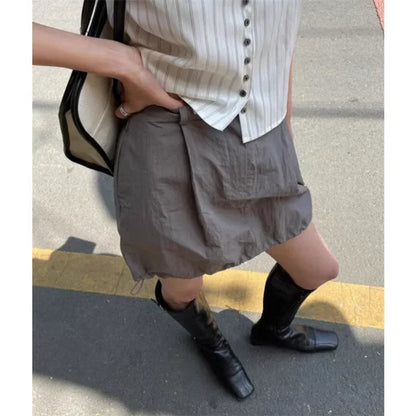 Summer Korean Retro High Street Drawstring Gray Nylon Low Waist Mini Skirt Skirt
