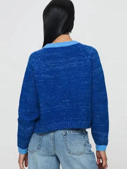 Knitted Single-breasted Cardigan Loose Contrast Color O-neck Pullover Sweaters Female Autumn Street Tops