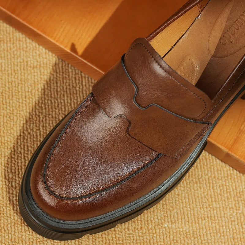 Genuine Leather Chunky Heel Platform Spring New Moccasins Round Toe Soft Comfortbale Loafers Shoes Hot