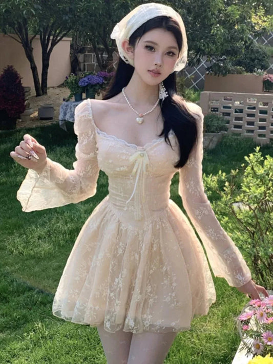 Sweet Fairy Dresses Lace Patchwork Bow Laceup Square Collar Flare Long Sleeve Party Mini Dress Short Vestidos