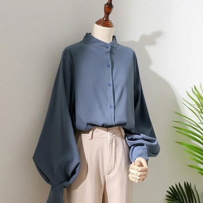 Woman Spring Autumn Style Blouses Shirt Lady Long Lantern Sleeve Stand Collar Loose Blusas Tops Df4847