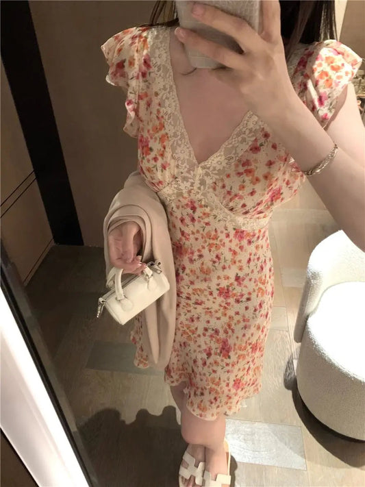 French Vneck Mini Dress With Lace & Ruffle Sleeves