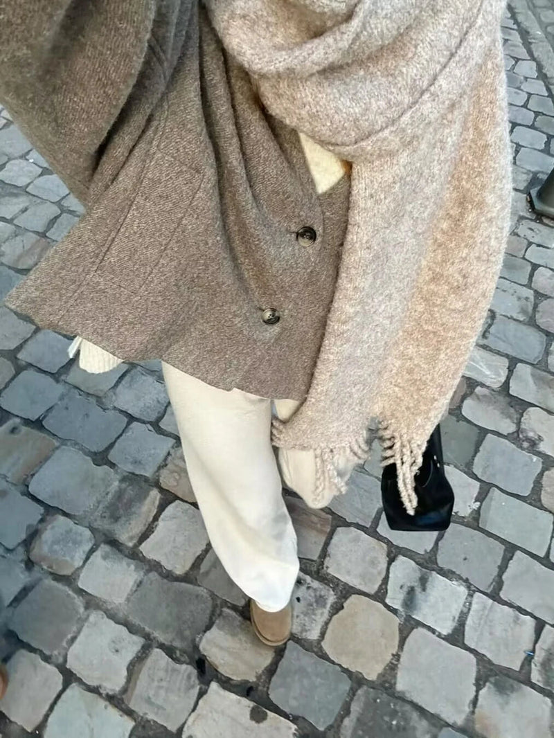 Faux Woolen Blend Jacket for Woman Winter Warm Vneck Single Breasted Loose Coats New Allmatc Jackets