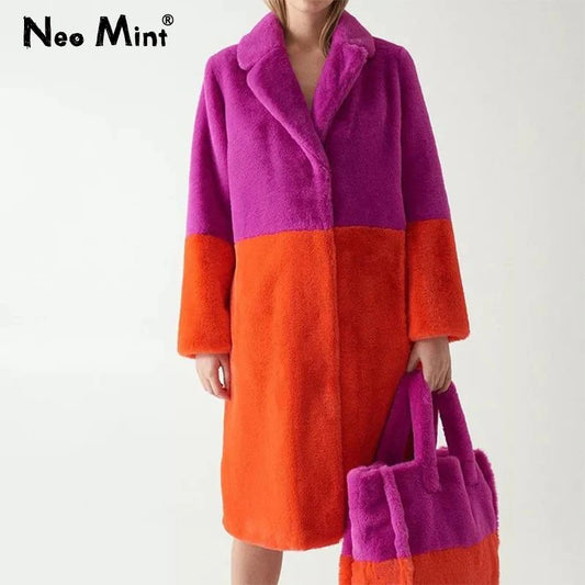 Mixed Color Patchwork Faux Mink Fur Winter Coat Jacket Fluffy Lapel Collar Brand Long Overcoats