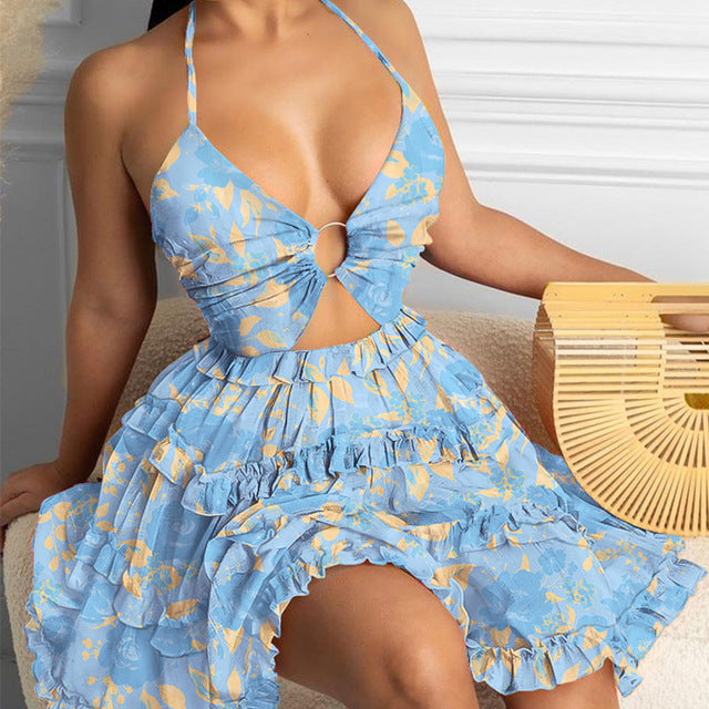 Summer New Printed Halter Neck Mini Dresses for Deep V-neck Hollow Out Backless Leace-up Dress Beach Vestido Feminino
