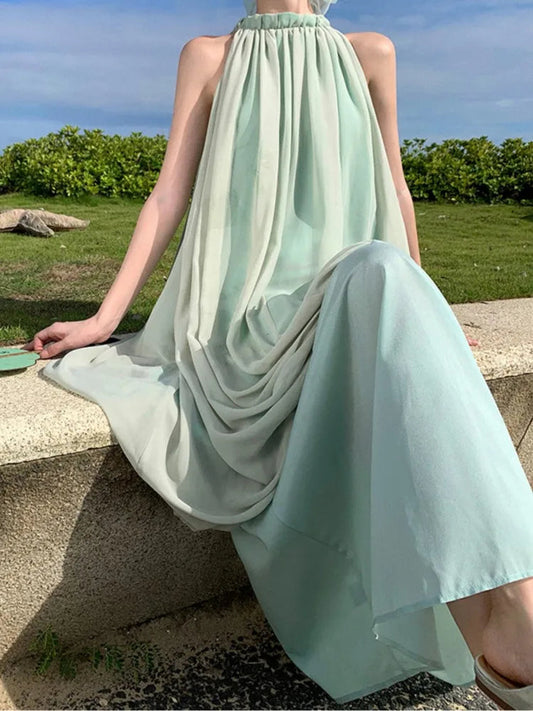 Sleeveless Summer Midi Dress Halter Loose Party Beach Holiday Vestidos Female Clothes New Robe