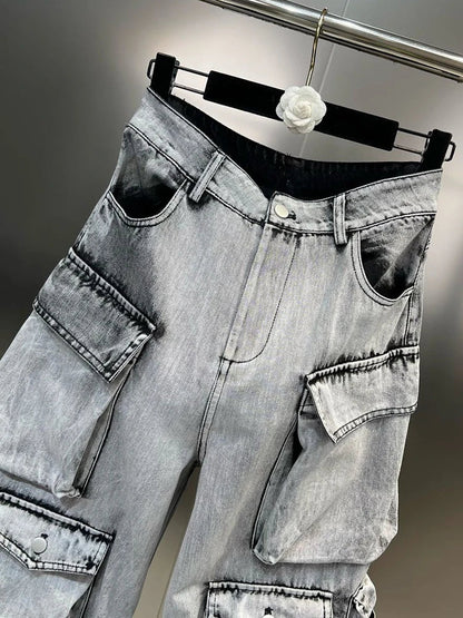 Gradient Multiple Pockets Design Jeans Single Button High Waist Denim Pants Autumn Female New