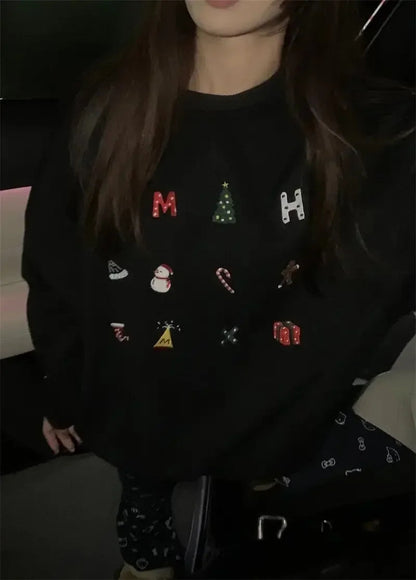 Snowman Graphic Print Hoodie Christmas Kawaii Oversized Sweatshirts Long Sleeve Cutecore Winter Clothes New
