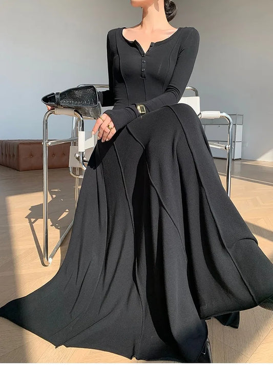 Knitted Dresses for Long Sleeves Square Collar A-line Autumn Maxi Dress Korean Vestidos Mujer New