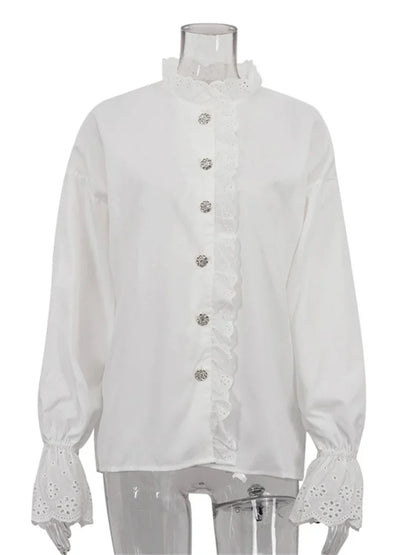 Female Glitter Ruffled Shirts Top Inner Patchwork Long Sleeve Commute Clothes Hollow Out ’s Blouses