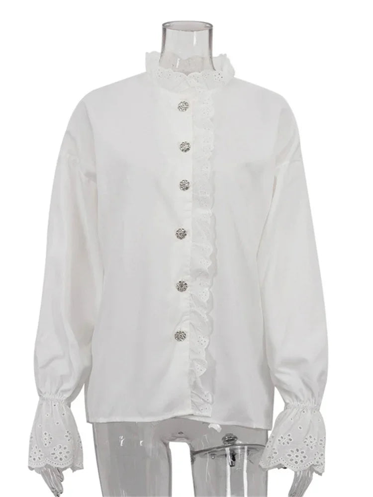 Female Glitter Ruffled Shirts Top Inner Patchwork Long Sleeve Commute Clothes Hollow Out ’s Blouses