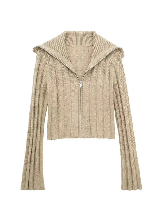 Spring Zip Up Cropped Cardigan Rib Sailor Collar Long Sleeve Slim Sweaters Female Knitted Tops
