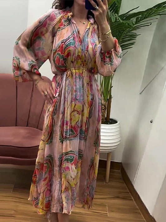 Retro Print Pleated Lantern Long Dress Sleeve V-neck Single Breasted Dress A-line High Waist Summer Robe