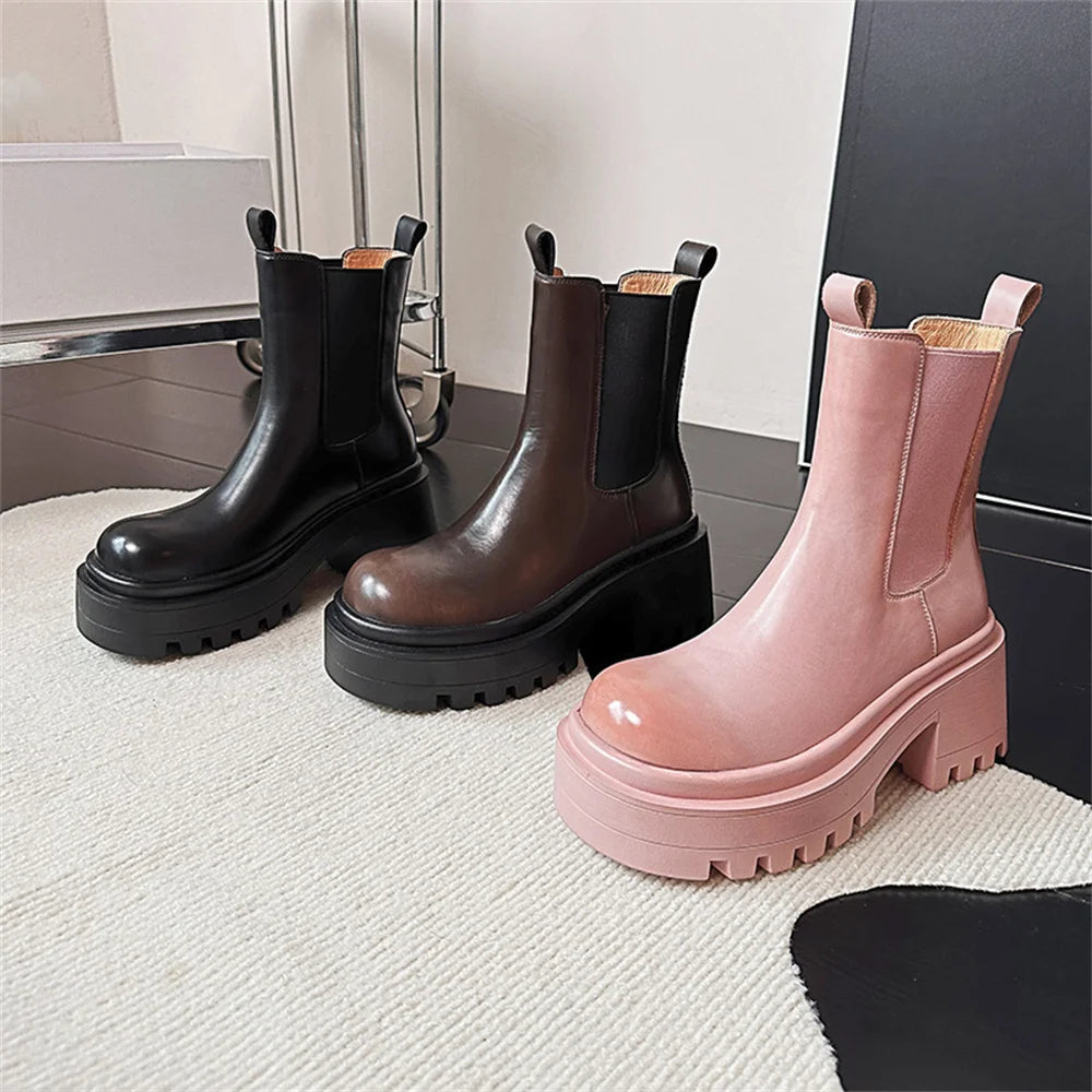 Platforms Ankle Boots Genuine Leather Thick Sole Ankle Female Punk Motorcycle Shoes Combat Booties