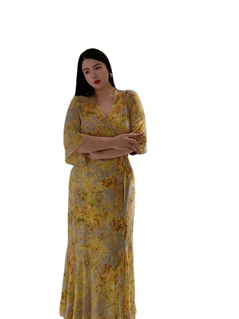 French Style Print Wrap Around Body Large Size Belly Covering Slimming Holiday Long Dress Wrap Around Skirt Large Size