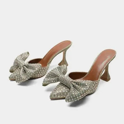 New European Station Pointed Bow Sandals Diamond Versatile Ultra High Heel Thin Heel Baotou Sandal Shoes
