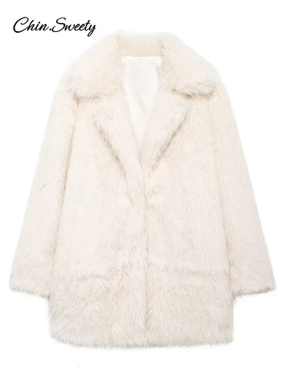 Fluffy Faux Fur Coat Lapel Long Sleeve Thick Warm Loose Jackets Winter High Street Outerwear