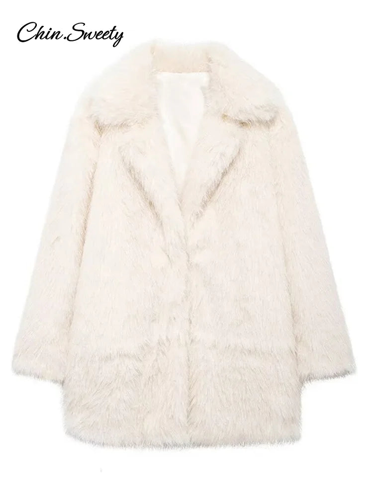 Fluffy Faux Fur Coat Lapel Long Sleeve Thick Warm Loose Jackets Winter High Street Outerwear